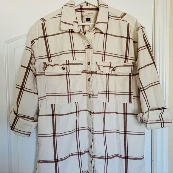 Universal Thread Cute Cream & Brown Plaid Flannel Dress/Shacket with Pockets | M - Picture 2 of 9